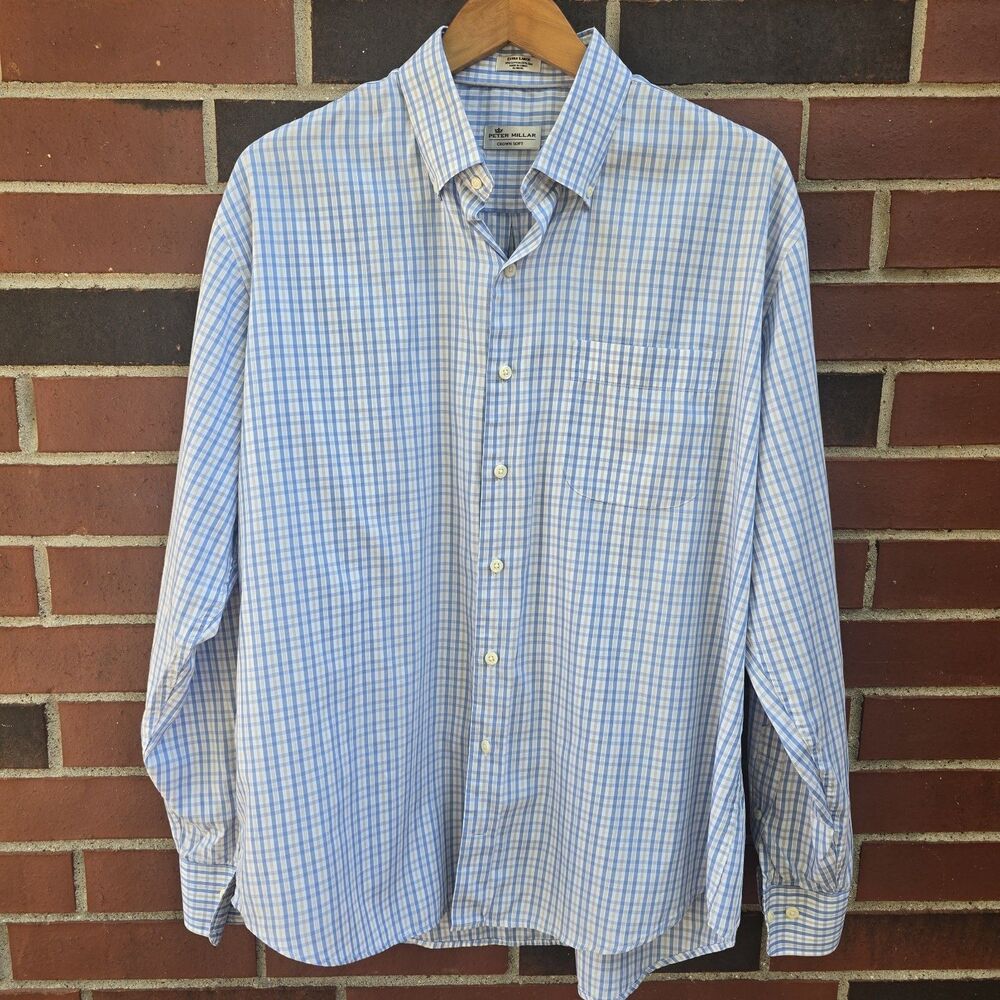 Peter Millar Men's Size XL Blue/White Checker Dress Shirt Cotton Silk Crown Soft